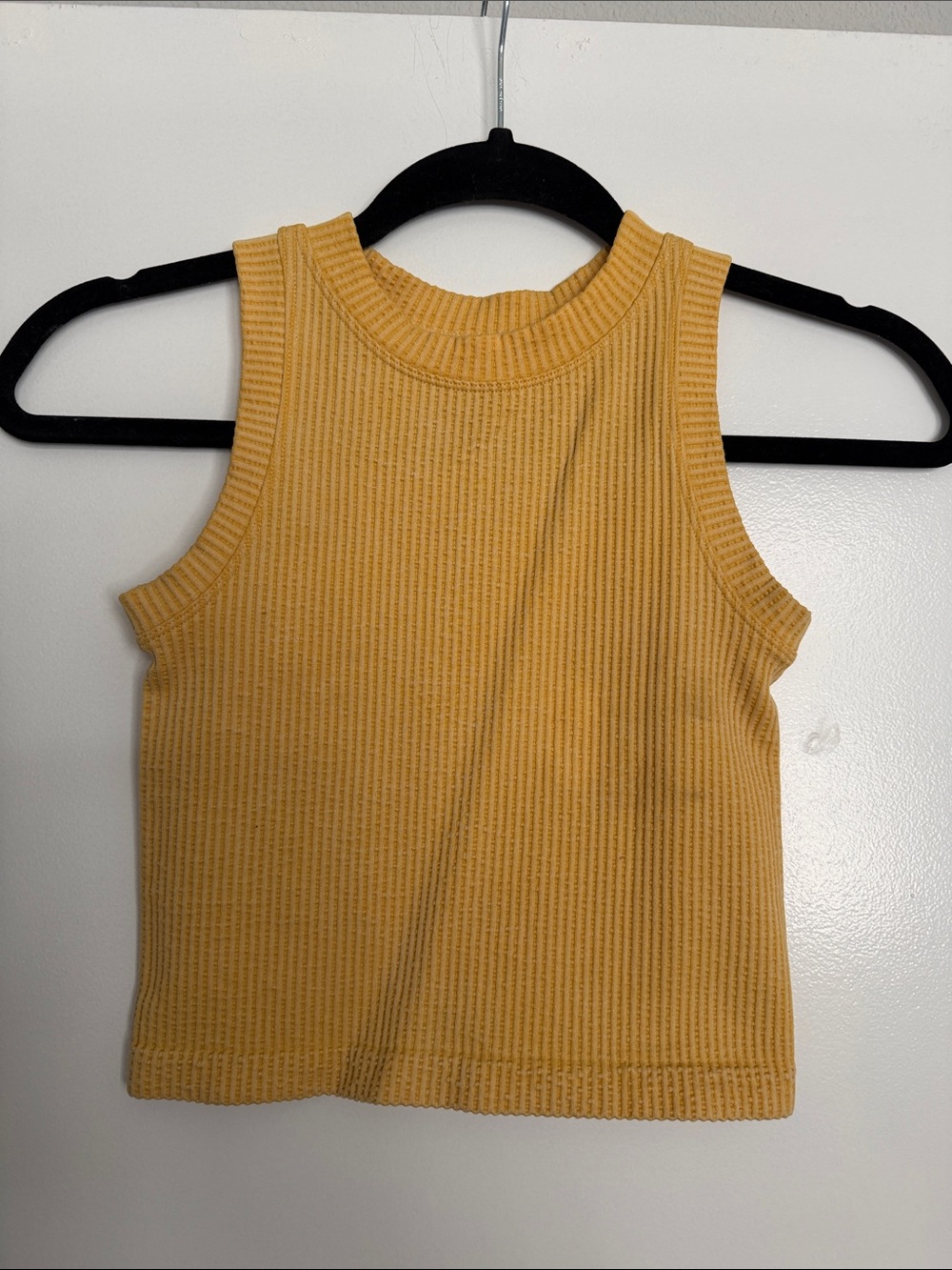 Aura Mustard Yellow Ribbed Knit High Neck Sleeveless Crop Tank Top